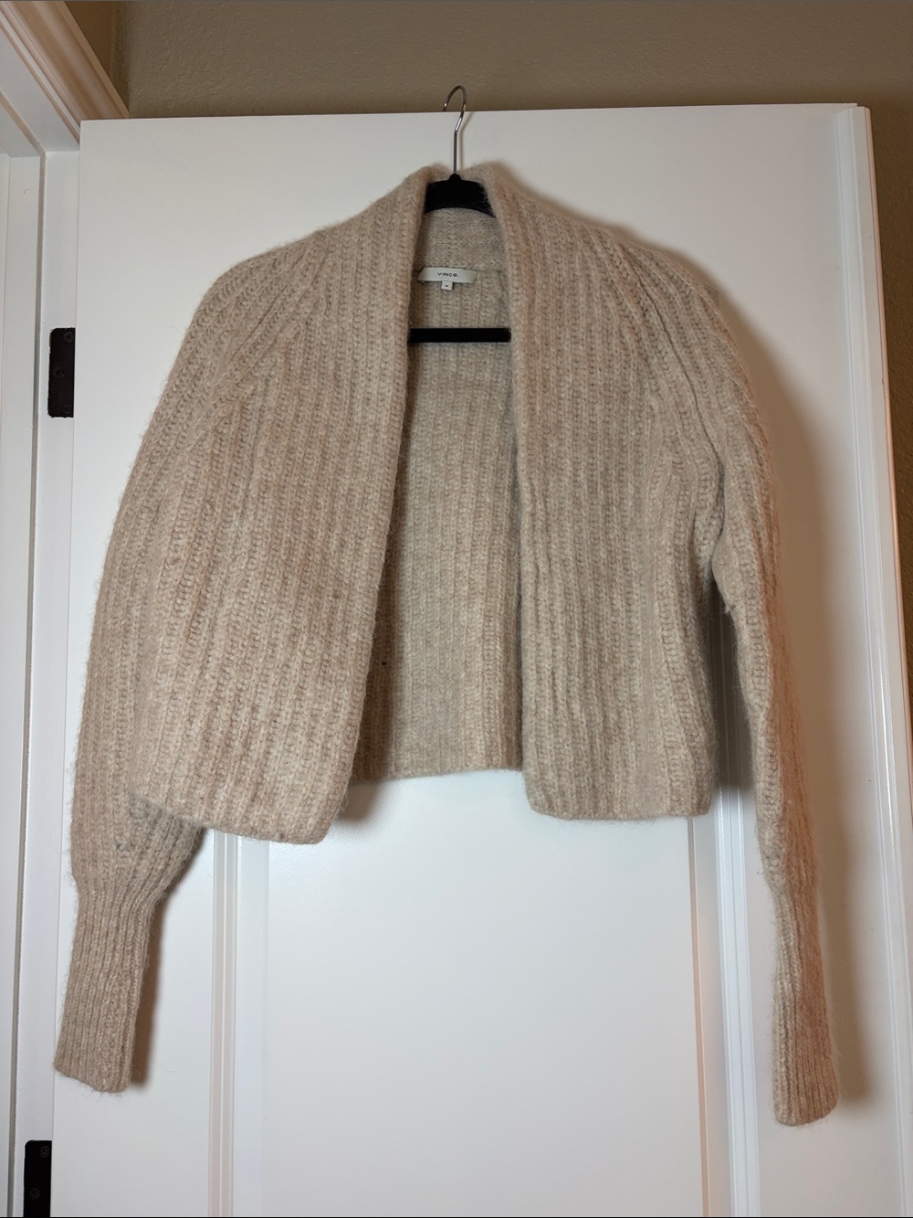 Vince Alpaca Blend Rib Cardigan in Heather Oatmeal featuring a cozy open-front.